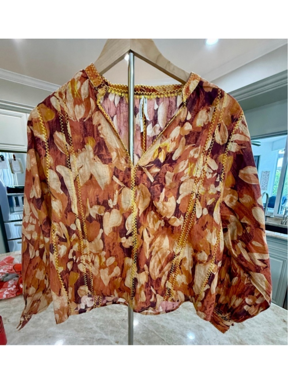 Anthropologie XS Orange Brown Floral Blouse, crop, boxy, oversized. Small could